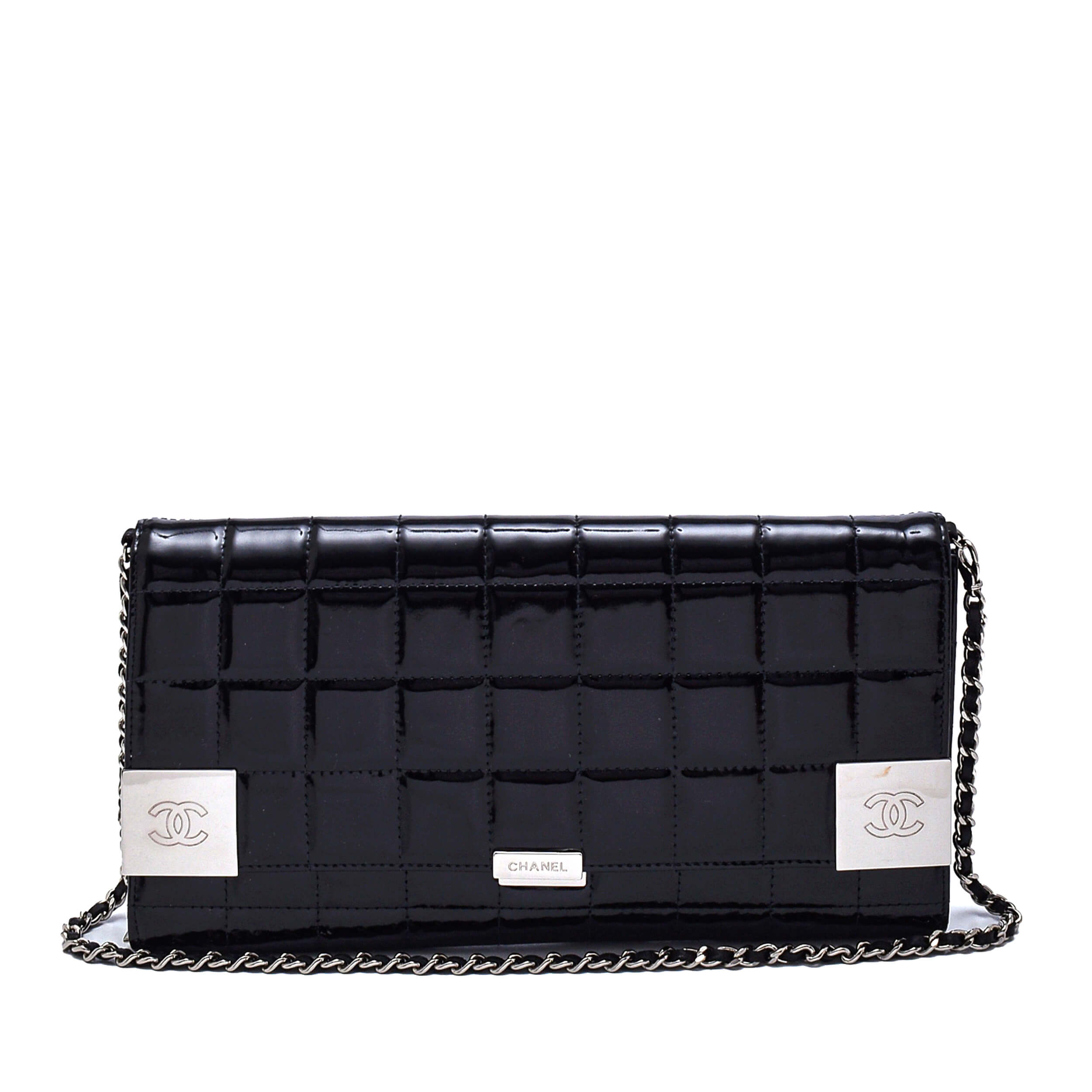 Chanel - Black Checked Patent Leather CC Plaka Shoulder Bag & Clutch